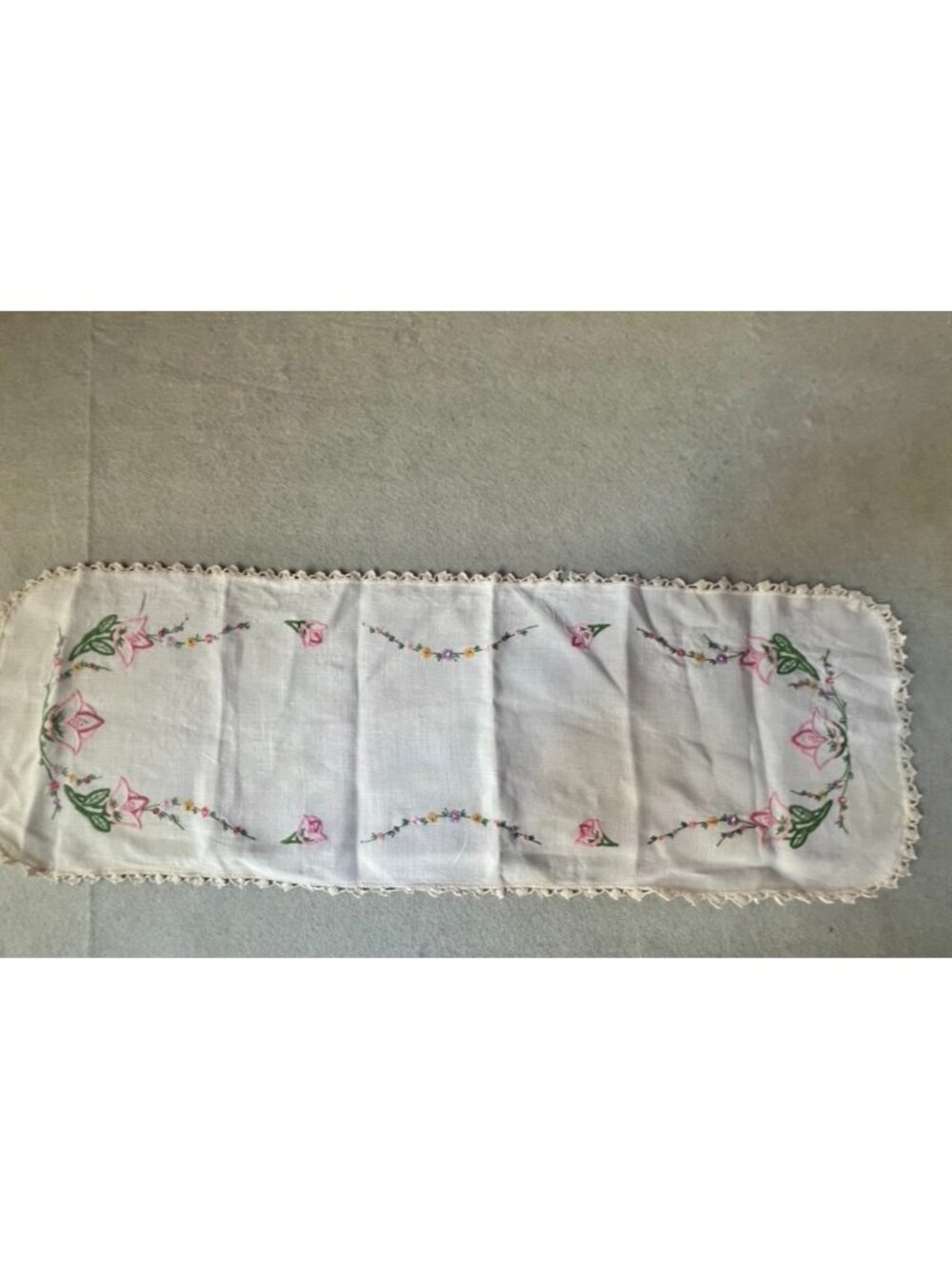 Vintage Hand-Embroidered Linen Table Runner With Two-Tone Pink Tulips & Crochete
